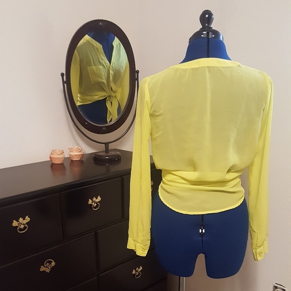 Sheer Neon Yellow L/S Tie Crop Top - Picture 2 of 2